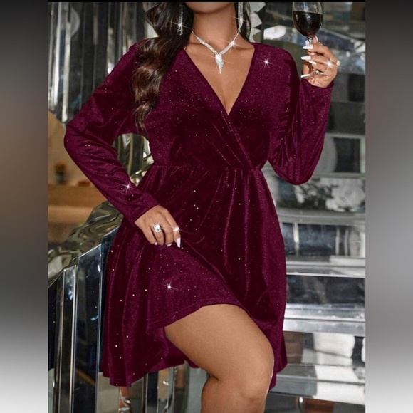 SHEIN Dresses & Skirts - Elegant Burgundy Sparkle Wrap Dress - Holiday party dress